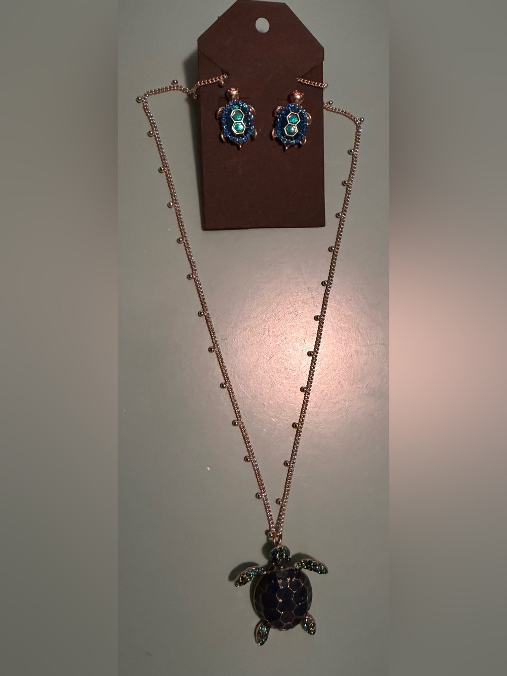 Delicate Gold Beaded Chain Enamel & Crystal Turtle Necklace & Post Earring Set